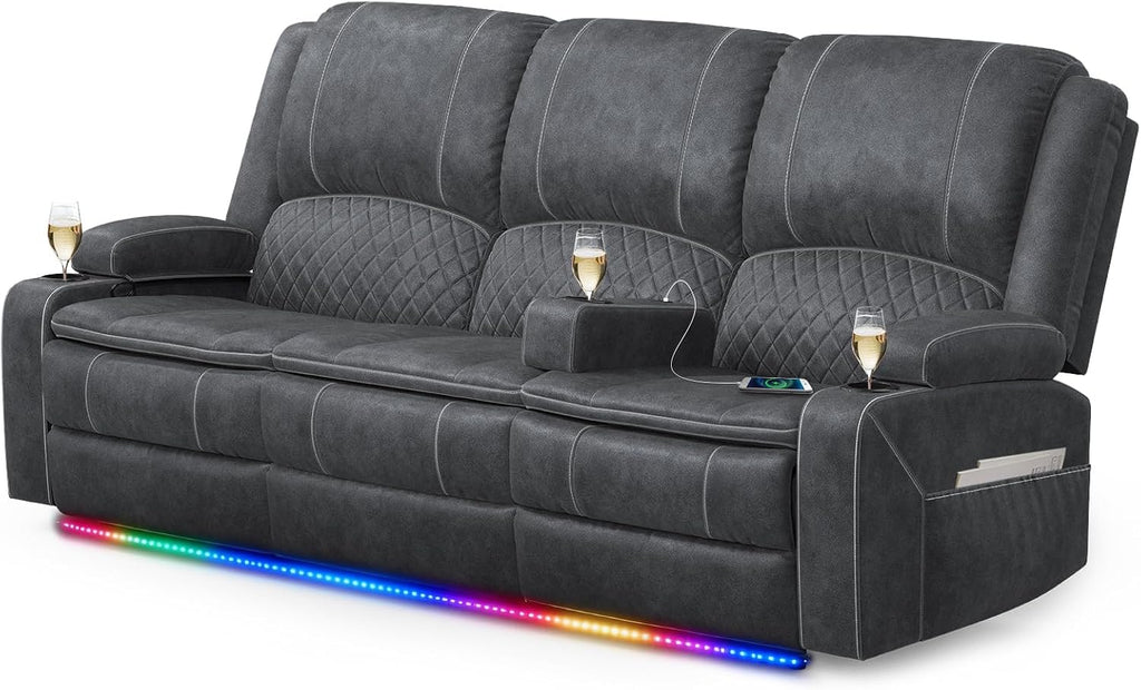 2026 Upgraded Recliner Sofa 3 Seater Couch with Recliner, Home Theater Seating with Liftable Console & Removable Armrest, Manual PU Leather Sofa Reclining with Storage & USB Ports (Velvet,Grey)