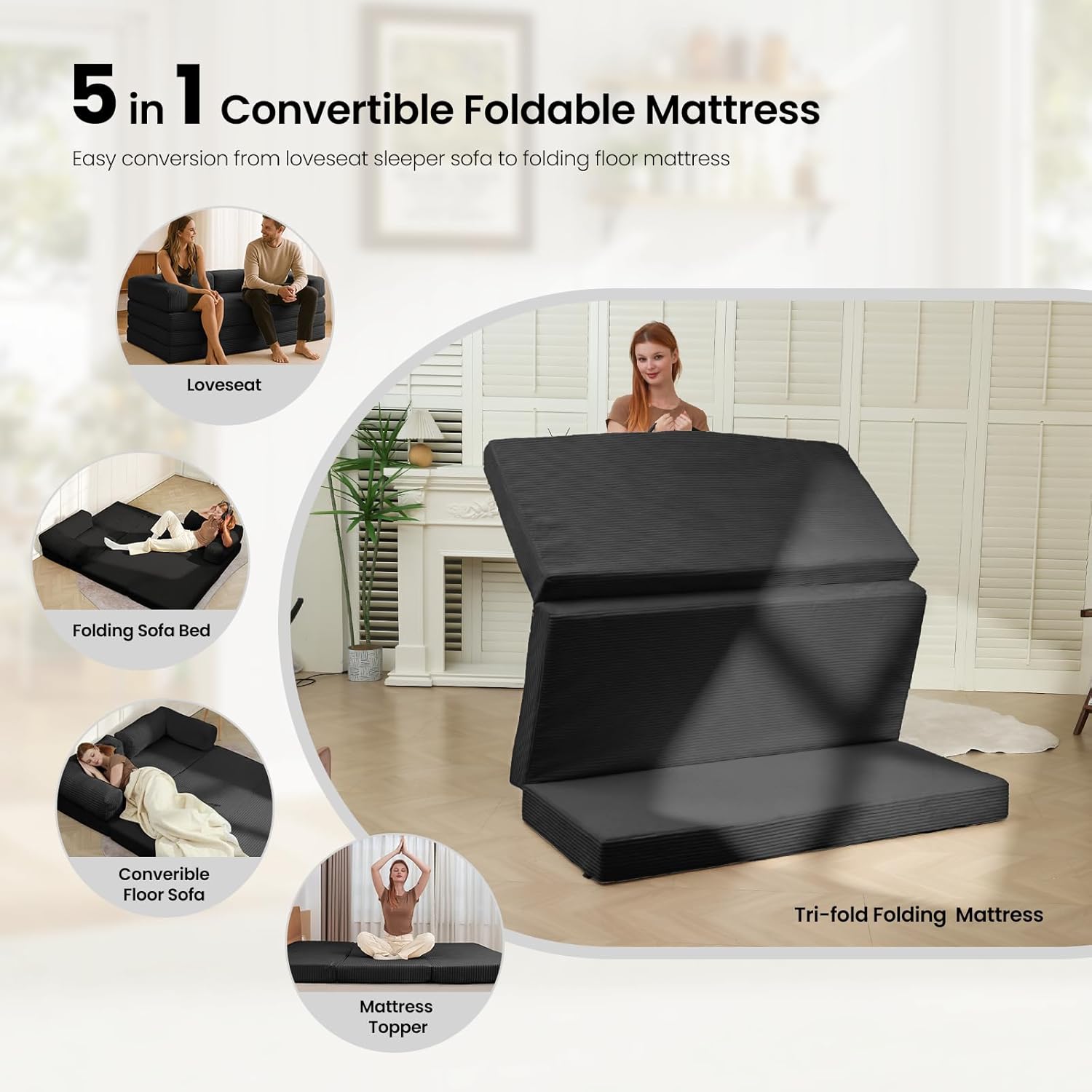 Tri-Fold Foldable Mattress, Convertible Folding Sofa Bed with Removable Arms & Washable Cover, All-in-One Portable Mattress Floor Sofa Bed, No Assembly Required & Non-Slip, Queen Size, Black