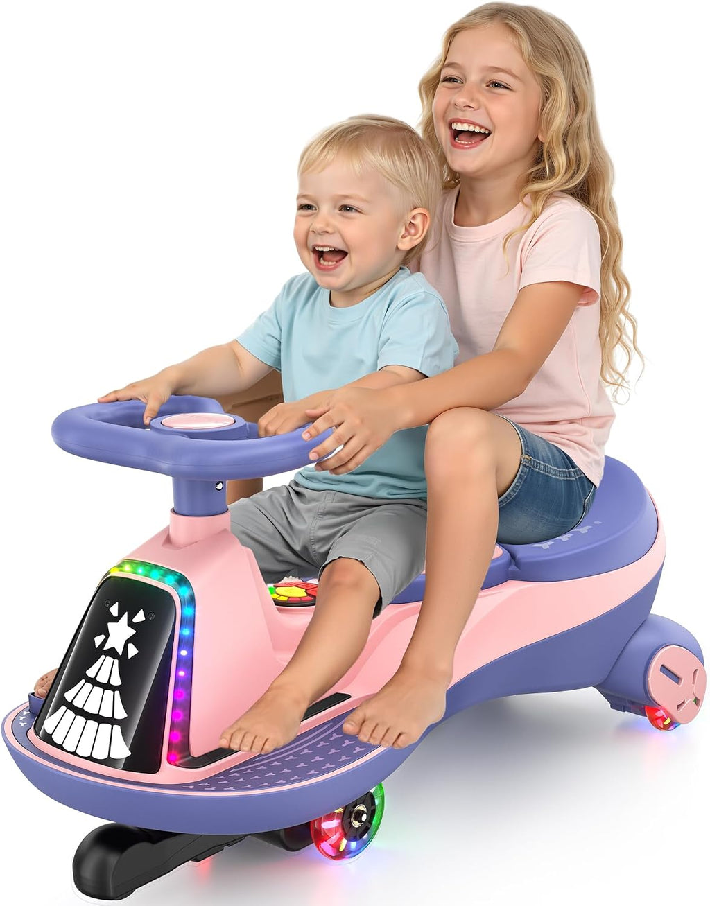 ANPABO 12V Electric Wiggle Car with Pedals, 2 Seater, 2x75W Motor, Music & Bluetooth, Ride On Toy for Kids Ages 3+, 170 Lbs, Pink