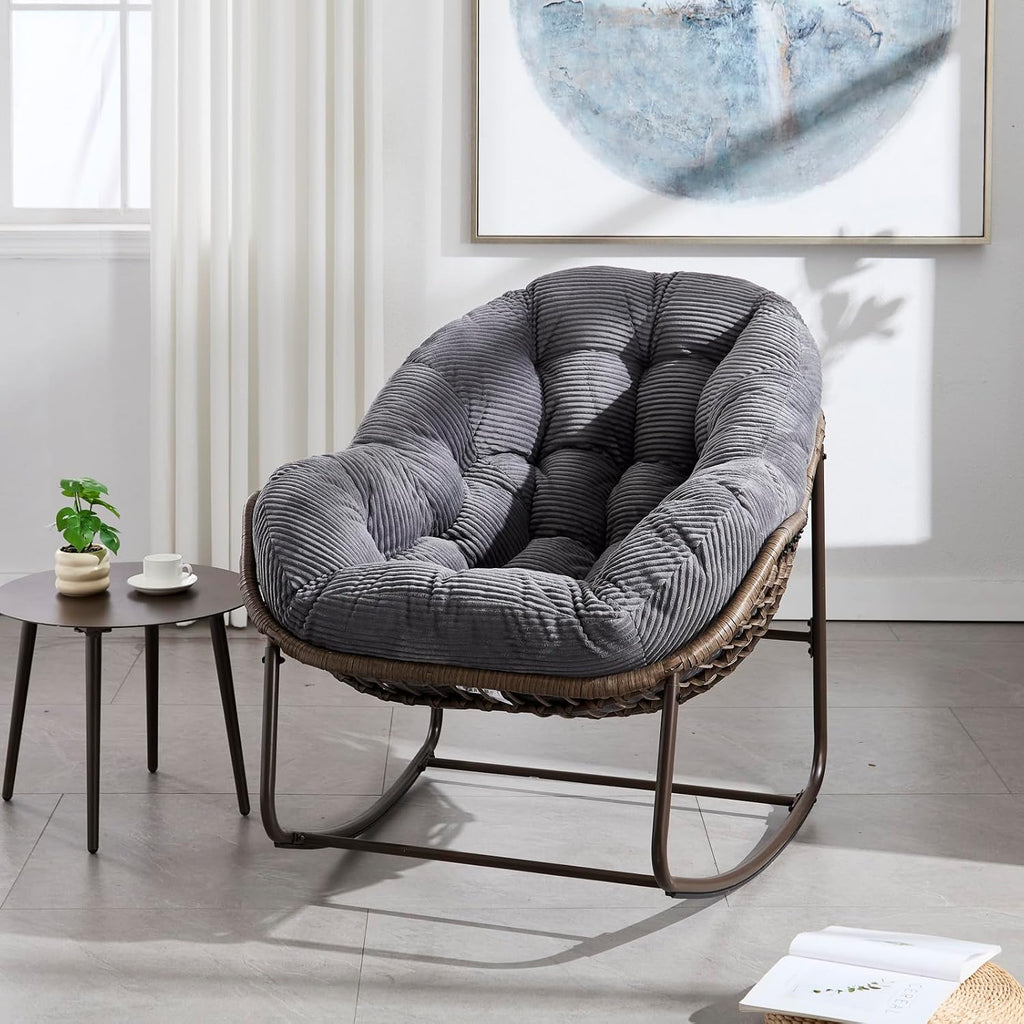 Outside Rattan Rocking Chair with Wicker Cushion, Oversized Lounge Papasan Chair, Outdoor Camping Chairs Patio Furniture for Garden, Balcony, Front Porch & Living Room, Grey2