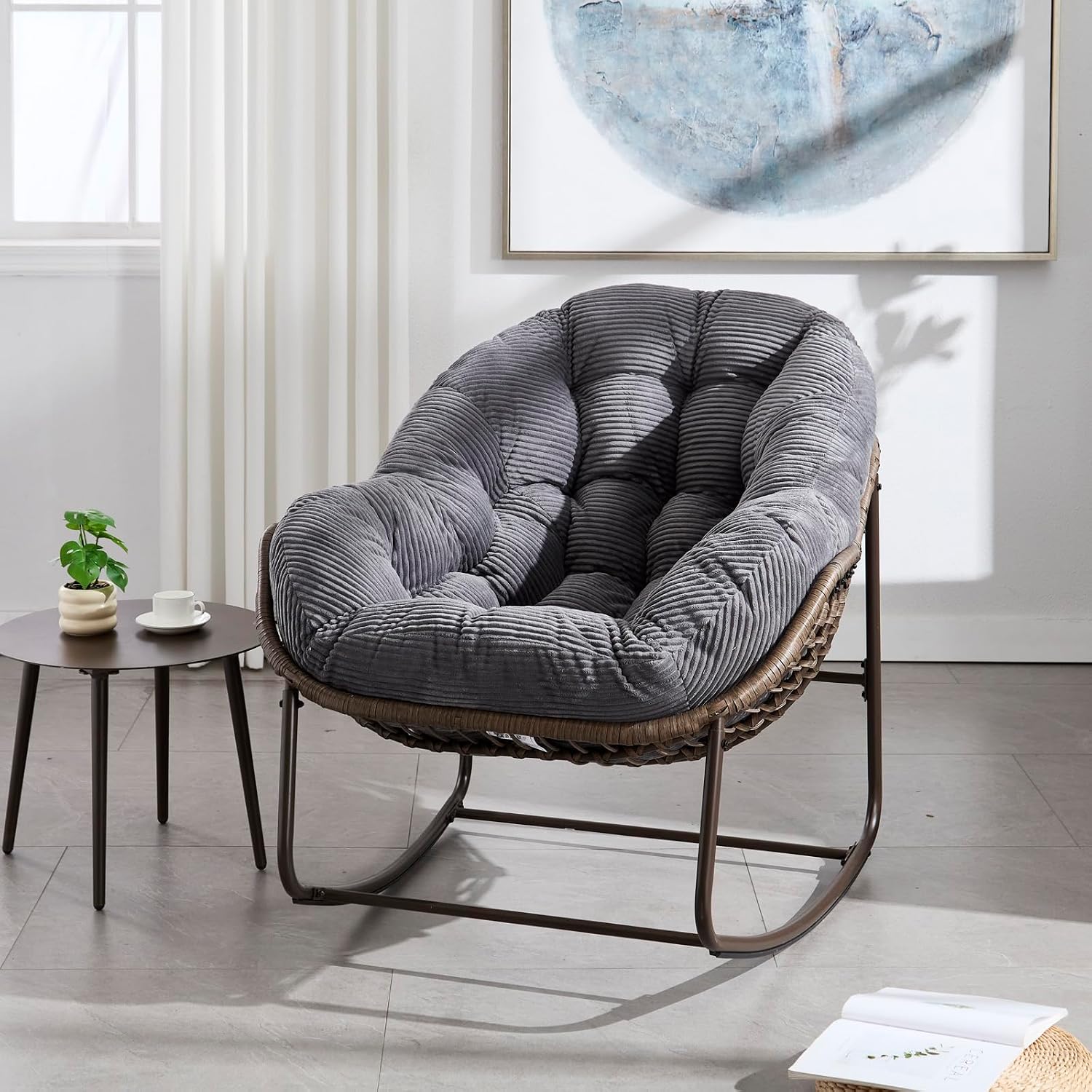 Outside Rattan Rocking Chair with Wicker Cushion, Oversized Lounge Papasan Chair, Outdoor Camping Chairs Patio Furniture for Garden, Balcony, Front Porch & Living Room, Grey2