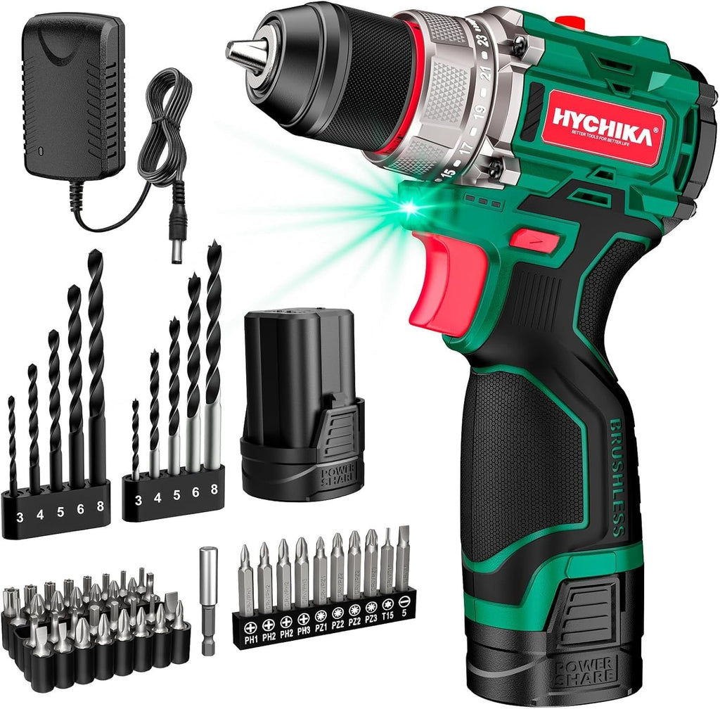 HYCHIKA 18 V Max Cordless Impact Wrench with 1/2 Impact Drivers,True Brushless 16.8V Cordless Compact PowerDrill,2-Tool Power Tool Set Combo Kit