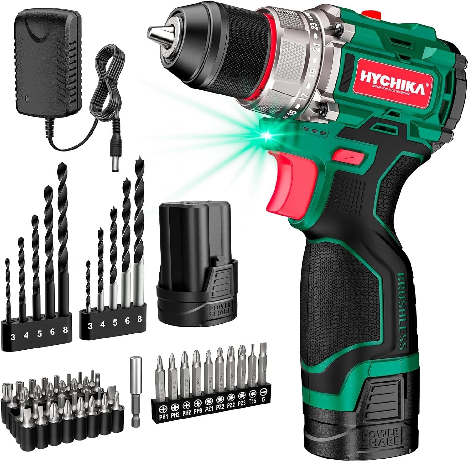 HYCHIKA 18 V Max Cordless Impact Wrench with 1/2 Impact Drivers,True Brushless 16.8V Cordless Compact PowerDrill,2-Tool Power Tool Set Combo Kit