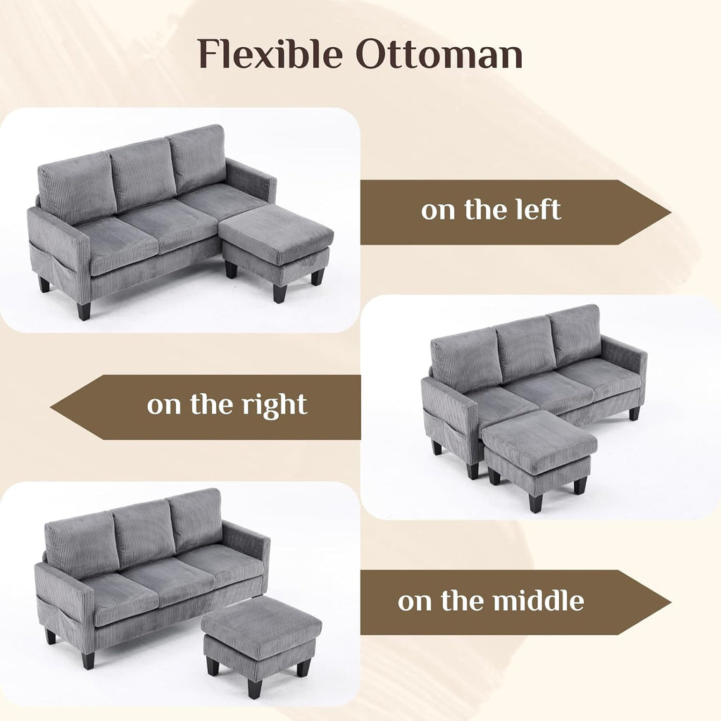 Karl home Small Sectional Couch L Shaped Sofa with Movable Storage Ottoman Corduroy Upholostered Sofa Chaise with Side Pockets for Living Room, Apartment, Studio, Gray