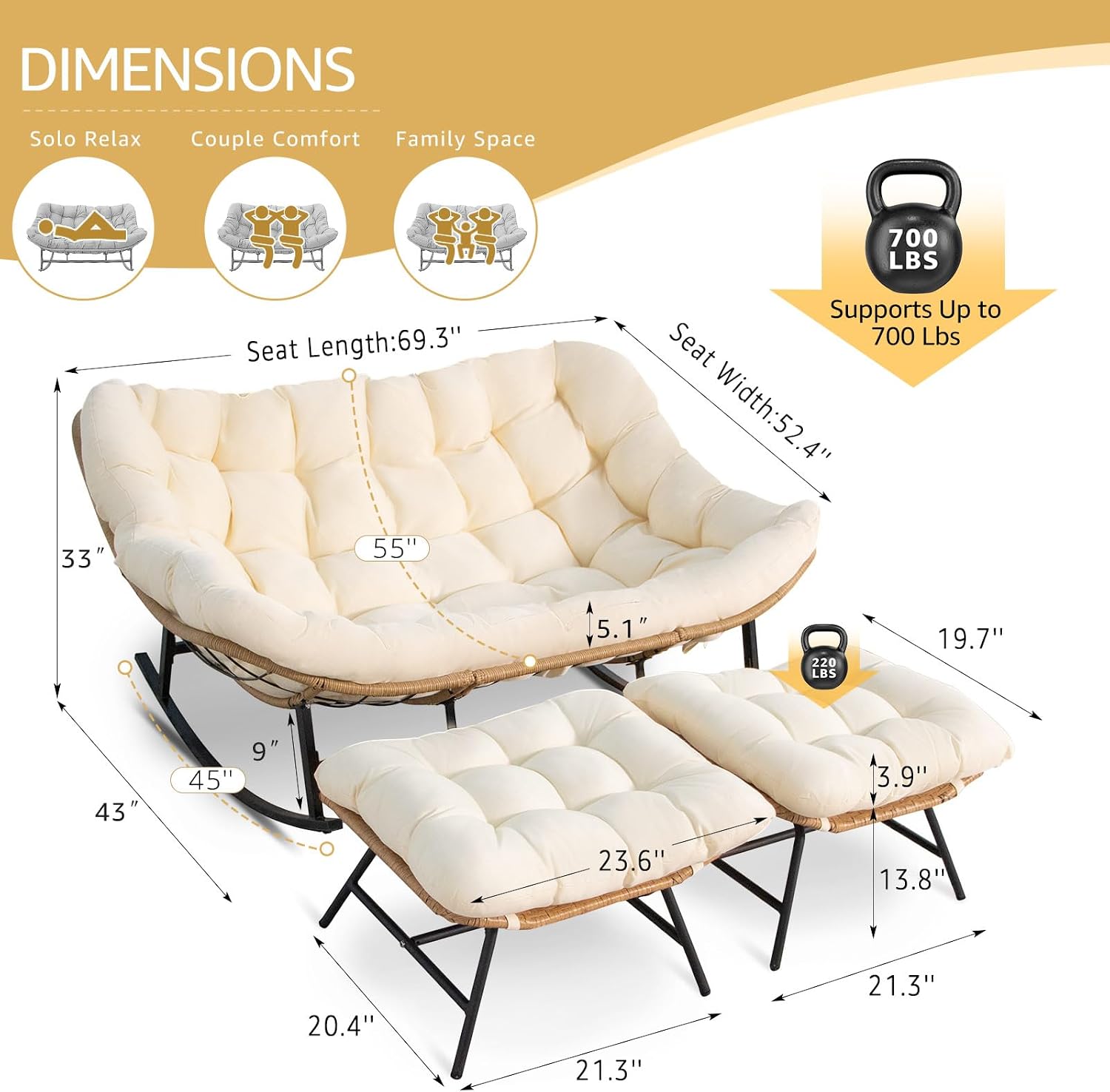 NICESOUL Oversized Double Rocking Papasan Chair with Cushion, 2 Person Big Wicker Outdoor Comfy Recliner, Large Heavy Duty Loveseat for Patio, Balcony, Backyard