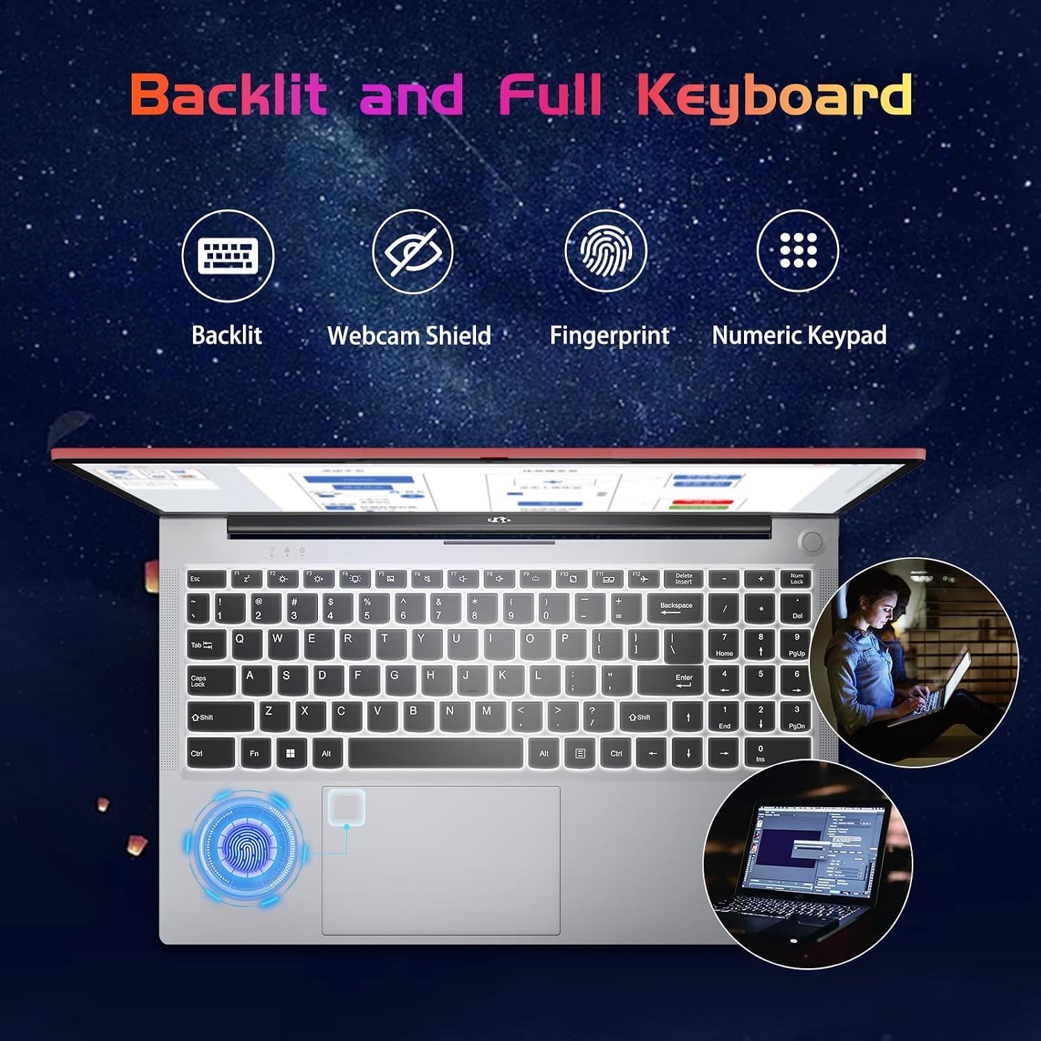 NIMO 15.6 FHD Student-Laptop, 16GB RAM 256GB SSD, Intel 12Gen N100 Processor, Backlit Keyboard Fingerprint WiFi 6 BT5.2, 2 Years Warranty Windows 11 Laptop
