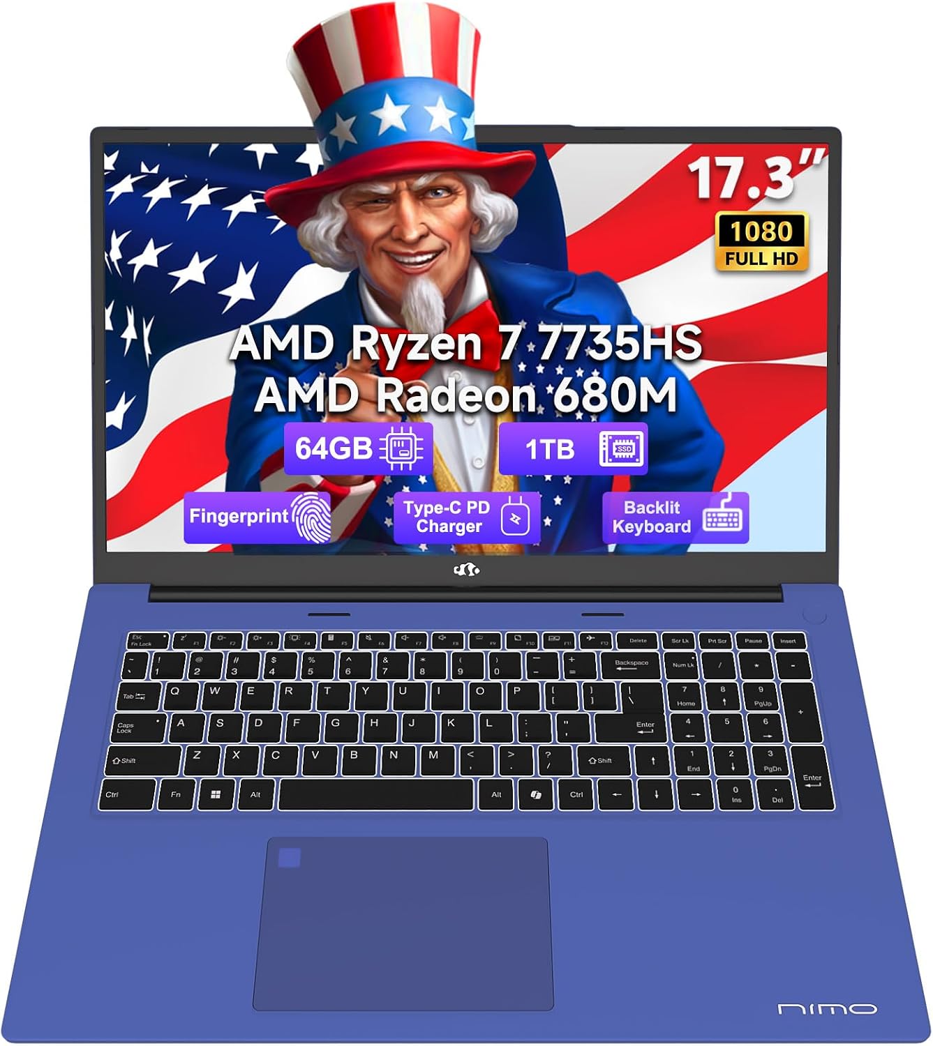 NIMO 17.3-Laptop, AMD Ryzen 7 7735HS (8C/16T) Radeon 680M, 64GB DDR5 RAM 1TB SSD, 100W PD Type-C Fast Charging, Wi-Fi 6E BT 5.2, Fingerprint Unlock, Backlit Keyboard for Business Student Light Gaming