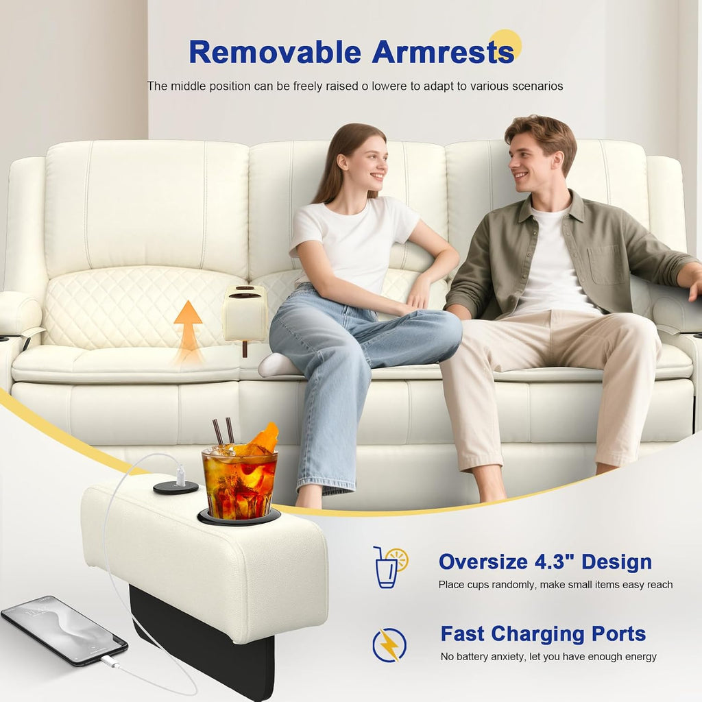 Recliner Sofa 3 Seater Sofa with Recliner, Home Theater Seating with Liftable Console & Removable Armrest, Manual PU Leather Reclining Couch with Cup Holders & USB Ports for Living Room/RV (PU,White)
