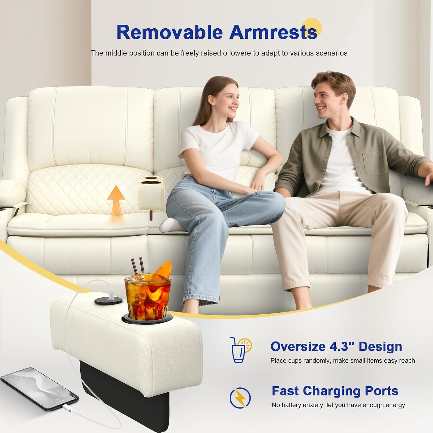 Recliner Sofa 3 Seater Sofa with Recliner, Home Theater Seating with Liftable Console & Removable Armrest, Manual PU Leather Reclining Couch with Cup Holders & USB Ports for Living Room/RV (PU,White)