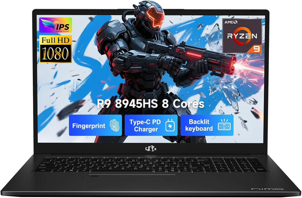 NIMO 17.3 Gaming-Laptop Ryzen 9 8945HS (Beat i9-13900H, Up to 5.2GHz) 64GB RAM, 1TB SSD, Radeon 780M, PD 100W Type-C AI-Enhanced for Copilot VR Ready, Backlit Keyboard, Fingerprint