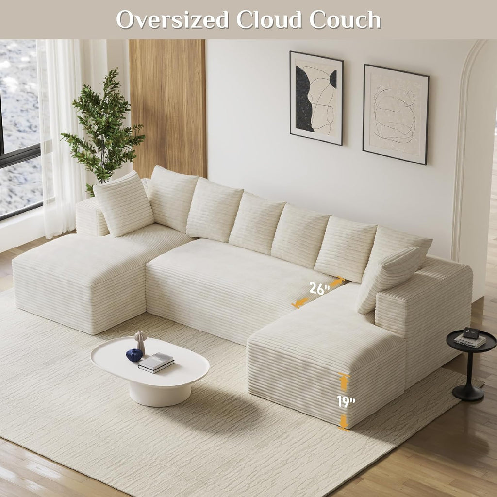 131' Oversized U Shaped Cloud Sectional Couches for Living Room, Comfy Fluffy Corduroy Beige Boneless Sectionals Couch, Plush Memory Foam Modular Sectional Sofa with Chaise- 19' Seat Height