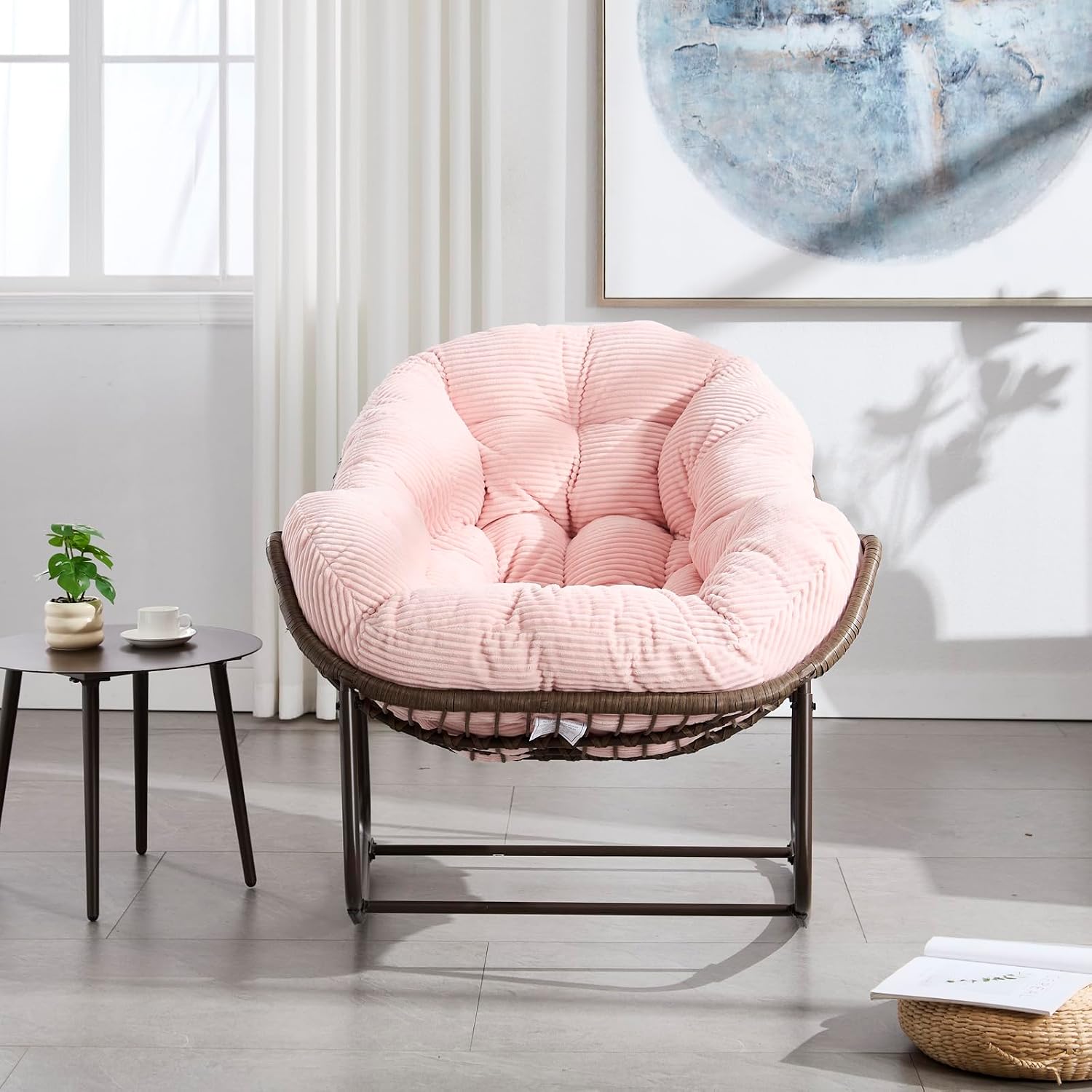 Outside Rattan Rocking Chair with Wicker Cushion, Oversized Lounge Papasan Chair, Outdoor Camping Chairs Patio Furniture for Garden, Balcony, Front Porch & Living Room, Pink