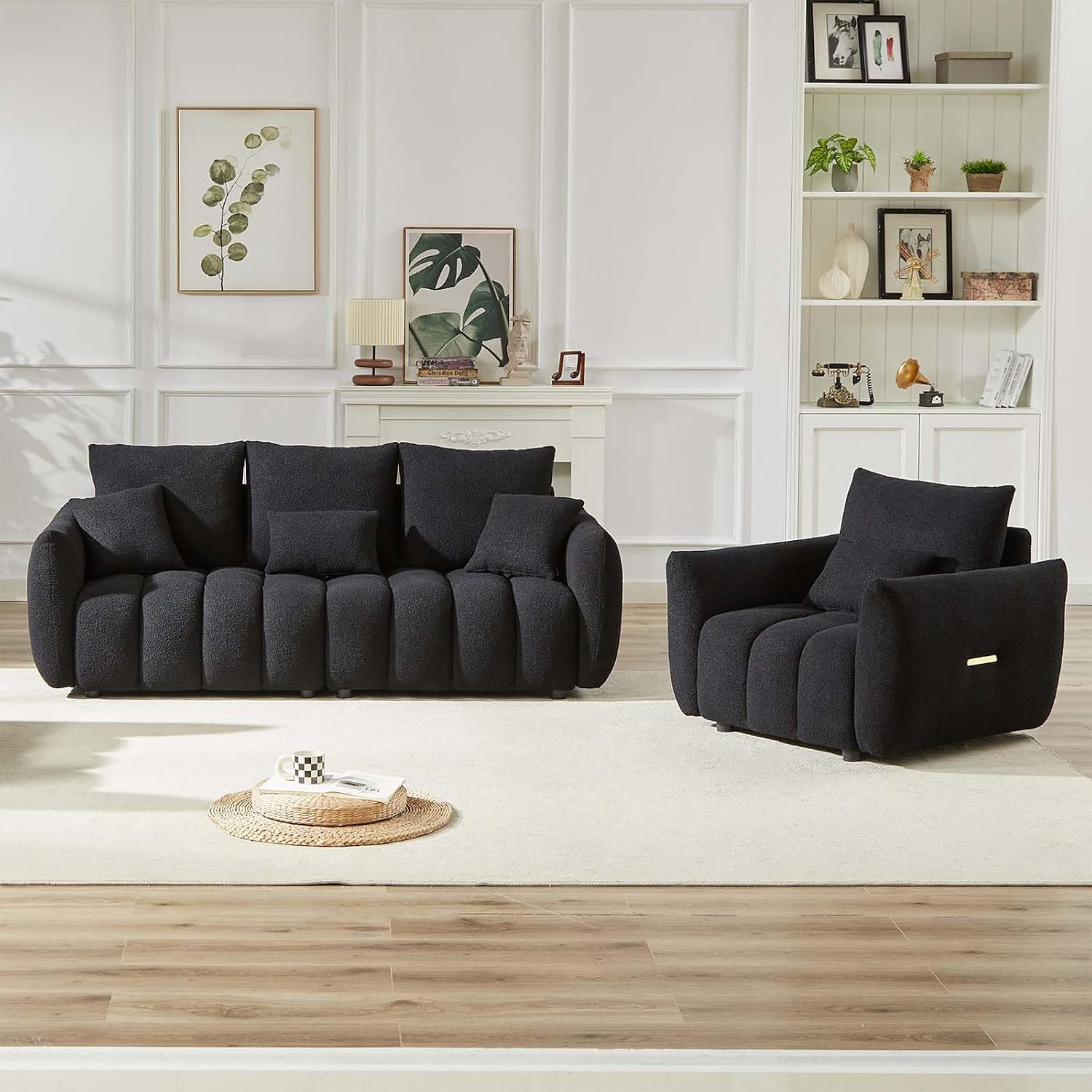 Antetek Teddy Sofa Set for Living Room, Modern Deep Seat Sofa Chair and Oversized 3-Seater Cloud Boucle Couch for Bedroom, Office, Apartment, Furniture Set, Black (2 Piece)