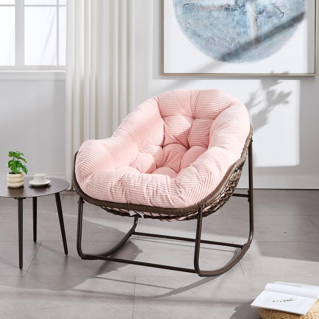 Outside Rattan Rocking Chair with Wicker Cushion, Oversized Lounge Papasan Chair, Outdoor Camping Chairs Patio Furniture for Garden, Balcony, Front Porch & Living Room, Pink