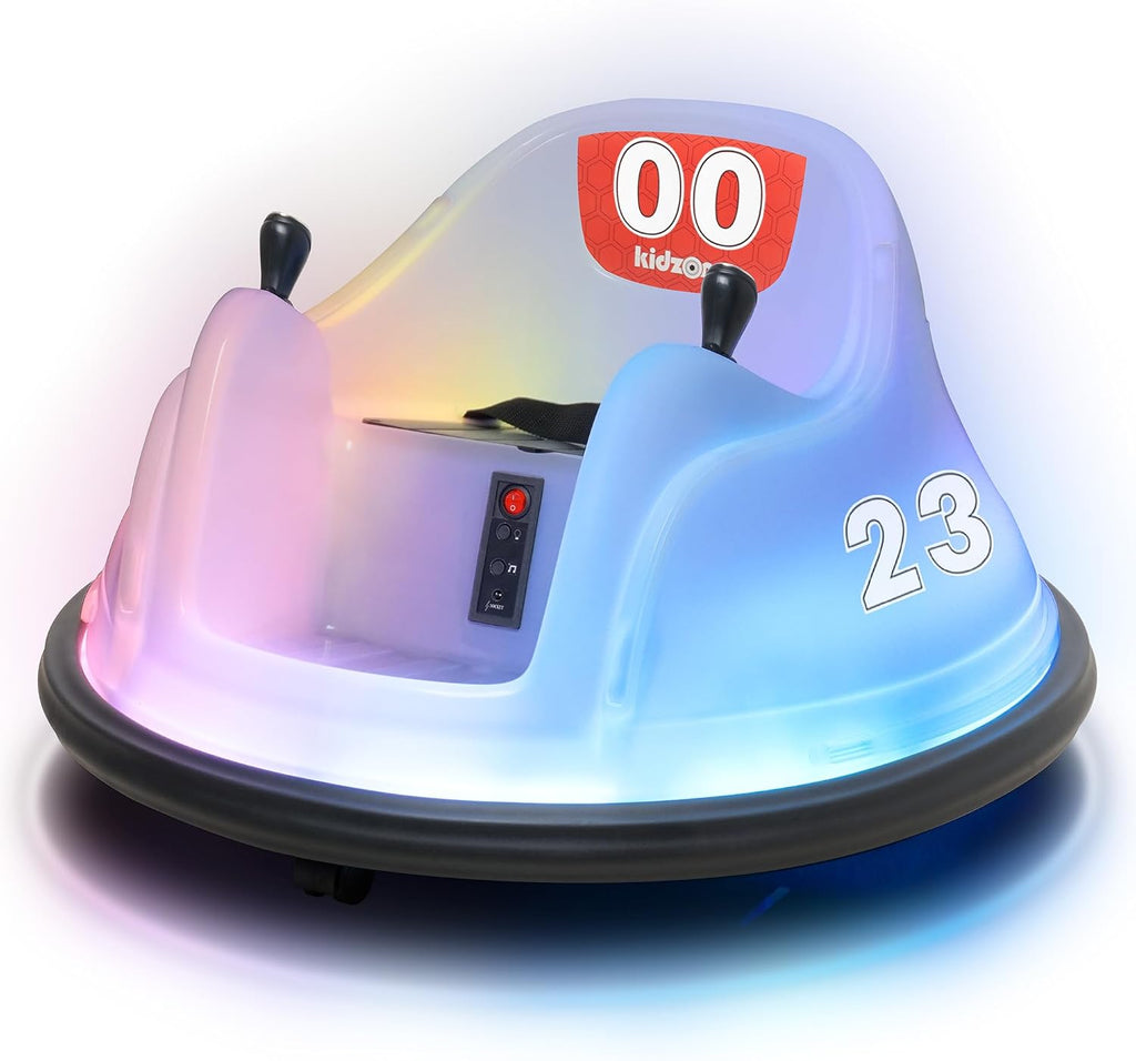 Kidzone 6V Electric Ride On Bumper Car for Kids & Toddlers 18-72 Months, Baby Bumping Toy Gifts W/Remote Control, Flashing Full-Body LED Lights & 360 Degree Spin, DIY Sticker, White