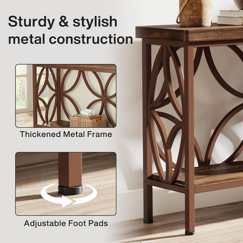 Tribesigns 70.9-Inch Narrow Sofa Table, Industrial Long Sofa Table Behind Couch, Entry Console Table with Storage for Entryway, Living Room, Foyer, Unique Design, Brown Glossy