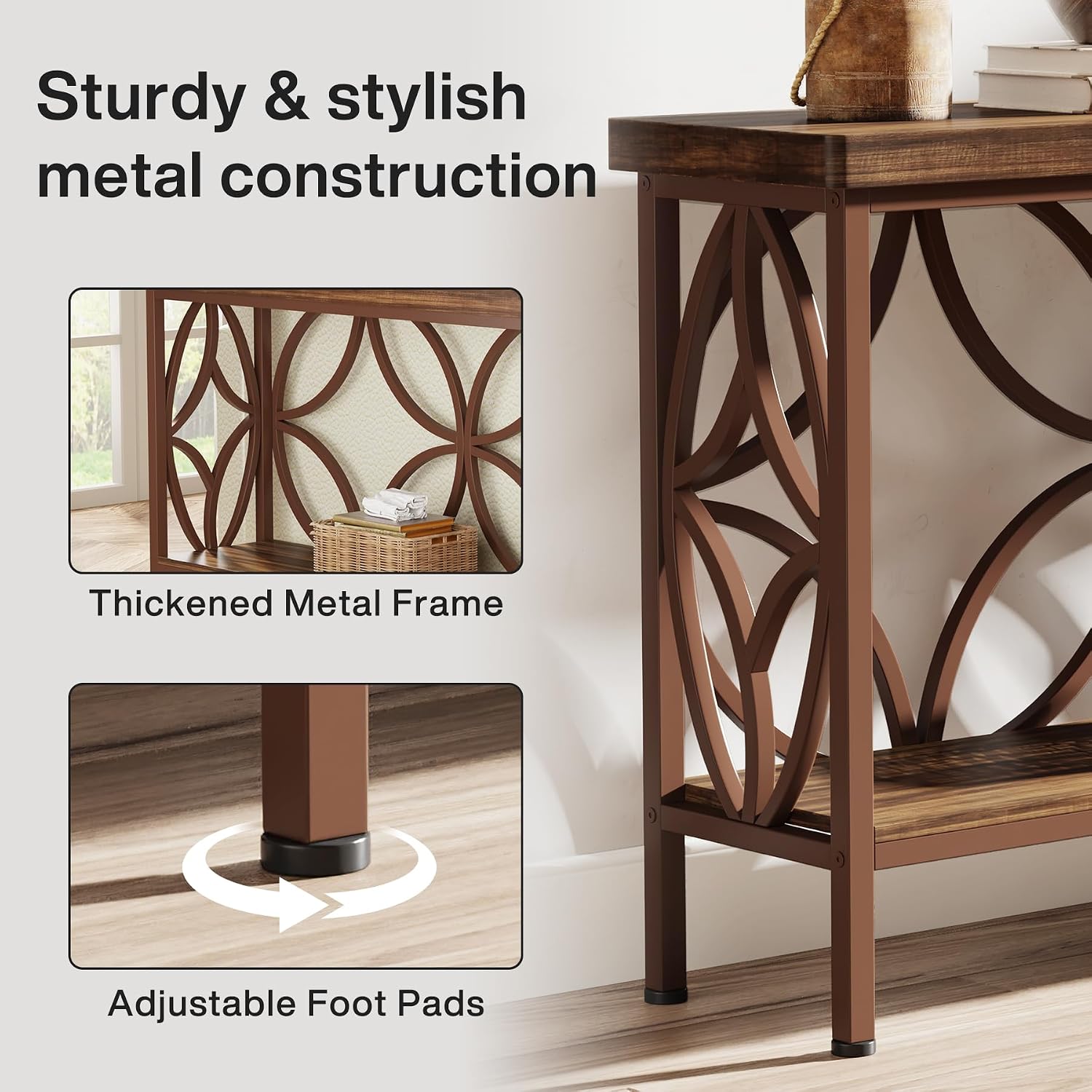 Tribesigns 70.9-Inch Narrow Sofa Table, Industrial Long Sofa Table Behind Couch, Entry Console Table with Storage for Entryway, Living Room, Foyer, Unique Design, Brown Glossy