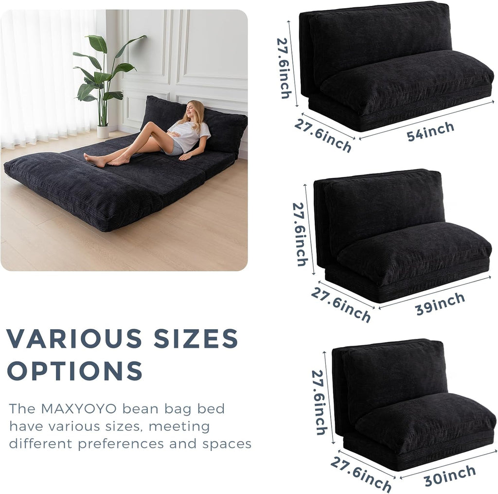 MAXYOYO Folding Sofa Bed, Extra Thick and Long Floor Sofa Convertible Sleeper Chair with Washable Cover, Floor Couch Lounge Bean Bag Bed for Living Room, Black, 39x95 Inch