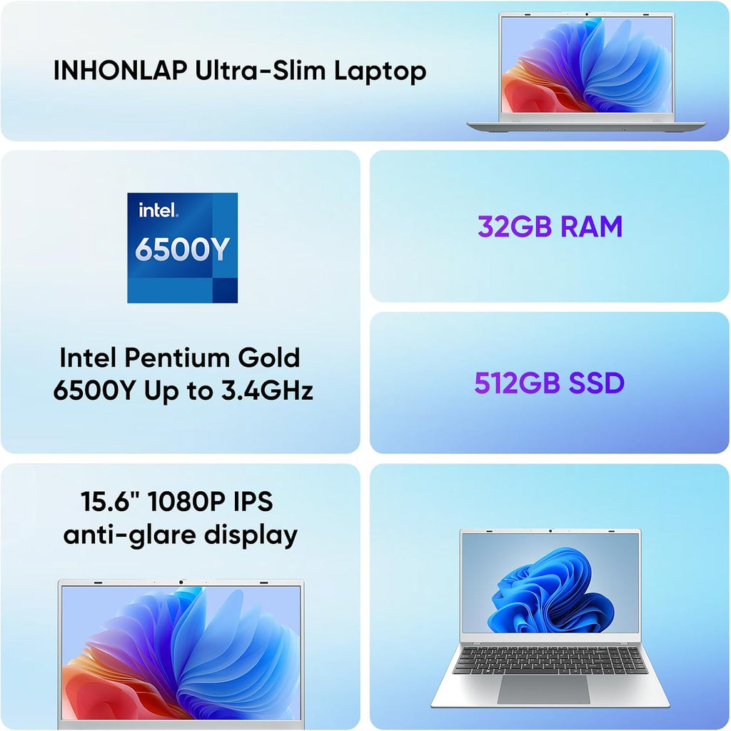 Laptop, 32GB RAM 512GB SSD Laptops Computer, 6500Y Processor (Beats N5095 up to 3.4GHz), 15.6' FHD IPS Display Win11 Laptop PC for Student and Business, WiFi 5, BT 5.0, Sliver
