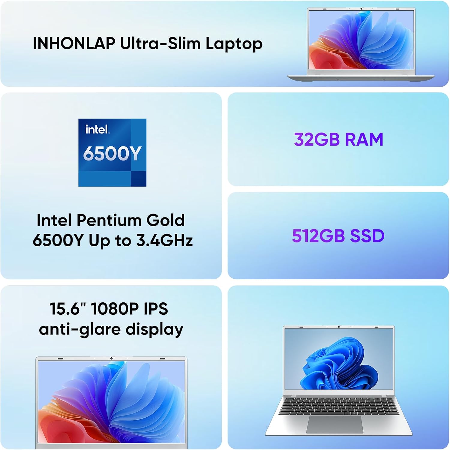 Laptop, 32GB RAM 512GB SSD Laptops Computer, 6500Y Processor (Beats N5095 up to 3.4GHz), 15.6' FHD IPS Display Win11 Laptop PC for Student and Business, WiFi 5, BT 5.0, Sliver