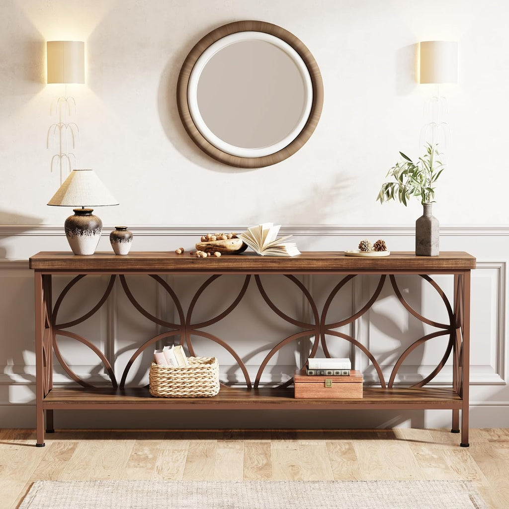 Tribesigns 70.9-Inch Narrow Sofa Table, Industrial Long Sofa Table Behind Couch, Entry Console Table with Storage for Entryway, Living Room, Foyer, Unique Design, Brown Glossy