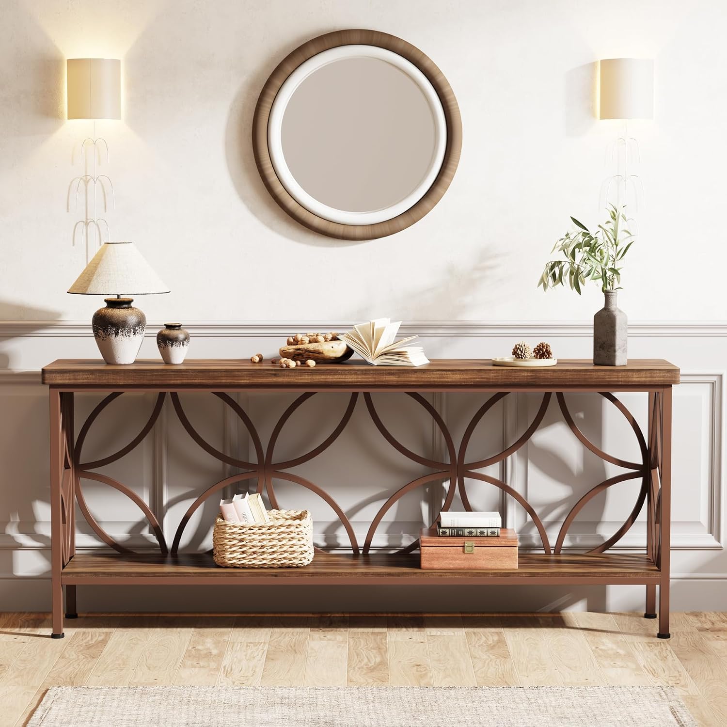 Tribesigns 70.9-Inch Narrow Sofa Table, Industrial Long Sofa Table Behind Couch, Entry Console Table with Storage for Entryway, Living Room, Foyer, Unique Design, Brown Glossy