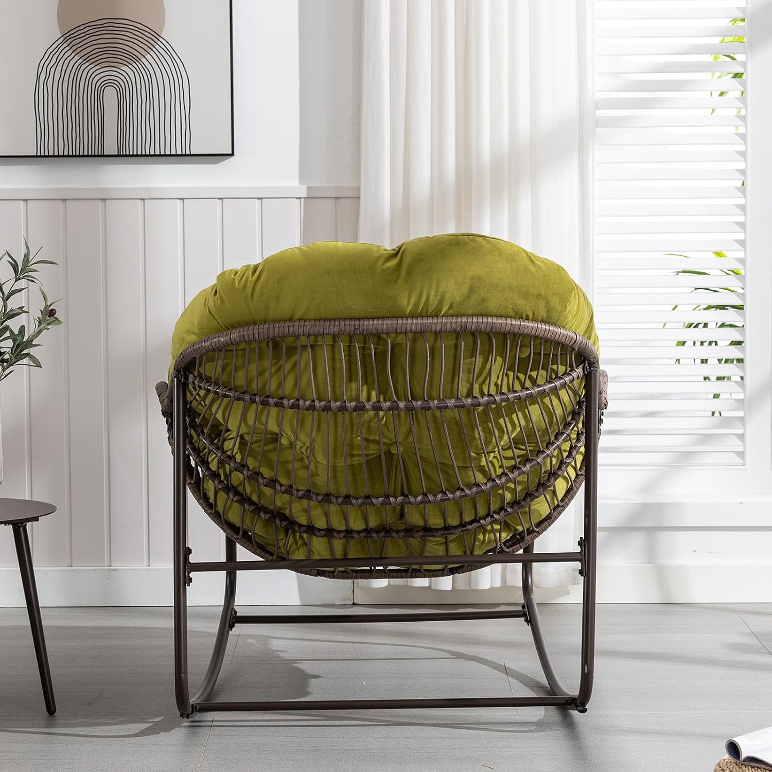 Papasan Rocking Chairs Outdoor Indoor, Oversized Rattan Rocker Patio Chair with Padded Cushion, Comfy Modern Indoor Egg Chair for Living Room, Bedroom, Porch, Garden, Balcony(Velvet, Olive Green)