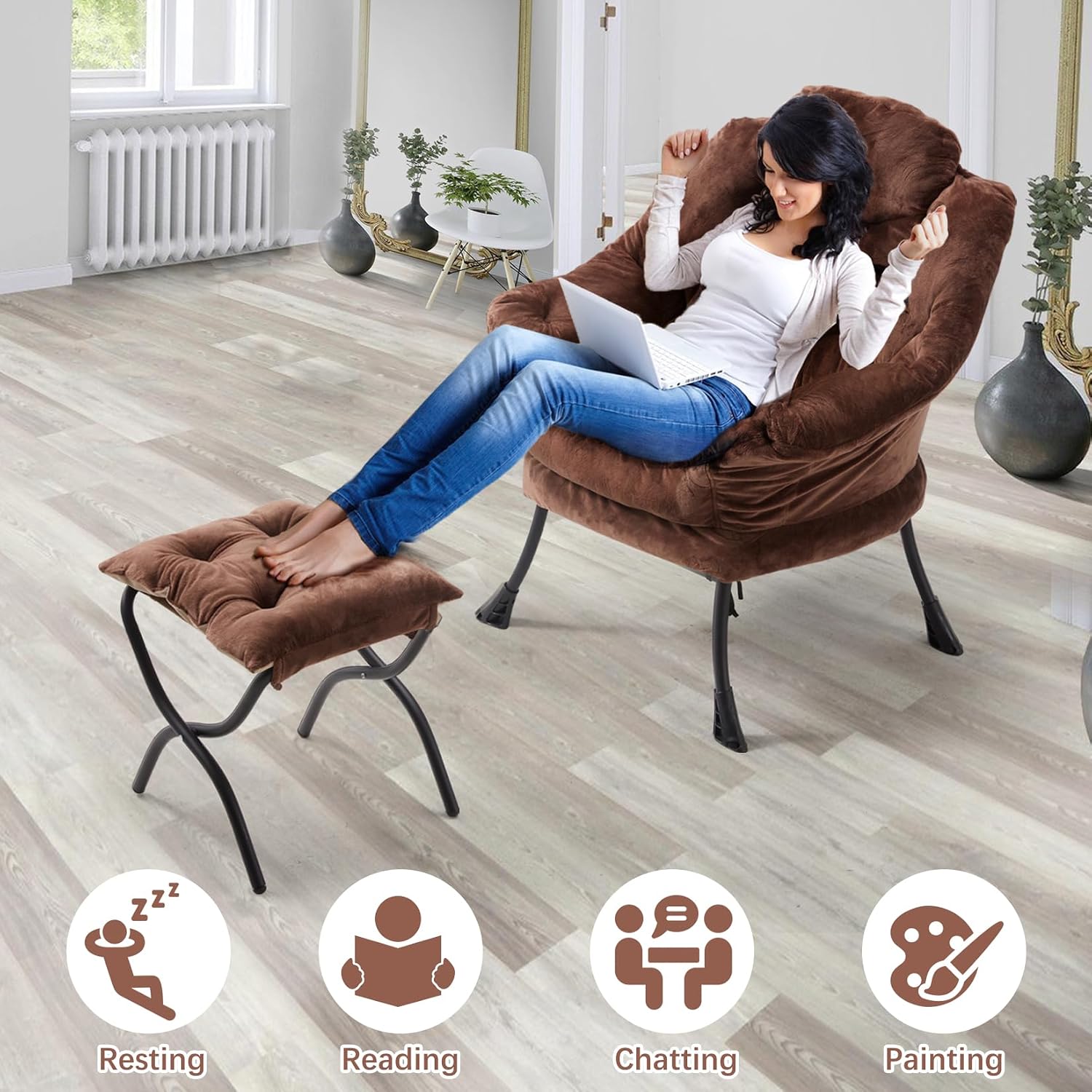 Lazy Chair with Folding Ottoman,Leisure Sofa Chair,Soft Fabric Armchair with Armrests and Side Pockets, Reading Chair with Footrest for Living Room, Bedroom, Office (Plush Dark Brown)
