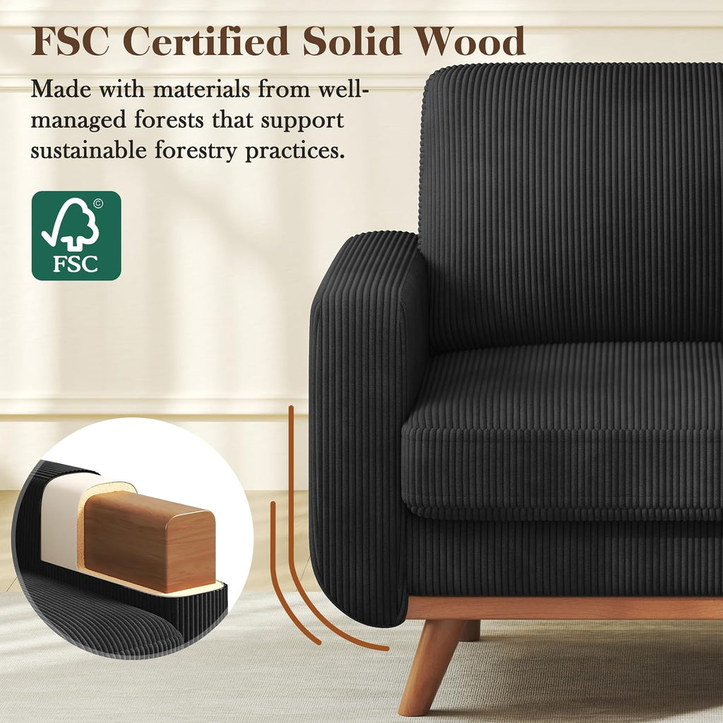 Vesgantti 38.5' Accent Chair Black, Comfy Corduroy Single Sofa Seat with Spring Cushion, Upholstered Armchair with Deep Seat, Reading Chair for Adults, Modern Sofa for Living Room, Bedroom