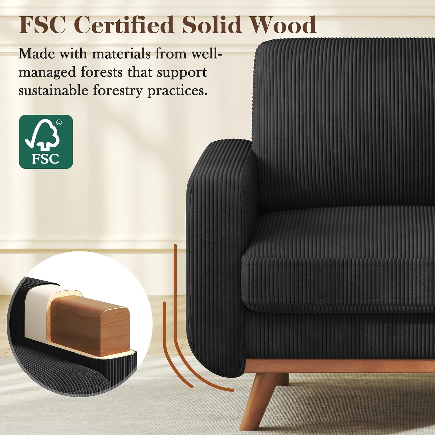 Vesgantti 38.5' Accent Chair Black, Comfy Corduroy Single Sofa Seat with Spring Cushion, Upholstered Armchair with Deep Seat, Reading Chair for Adults, Modern Sofa for Living Room, Bedroom