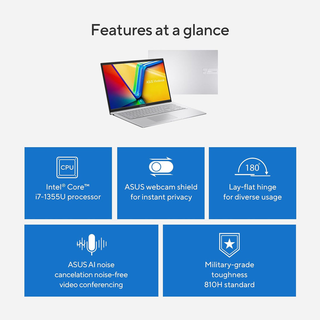ASUS Vivobook 17 Laptop, 17.3' FHD 60Hz Display, Intel Core i7-1355U, Intel Iris Xe Graphics, 16GB Memory, 1TB Storage, Cool Silver, F1704VA-ES76