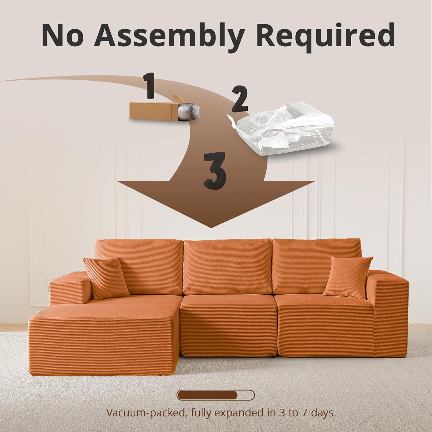 108' L-Shaped Boneless Couch, High Seat Modular Sectional Sofa with Moveable Ottoman, Corduroy Cloud Couches for Living Room, No Assembly, Ship in a Box, Orange
