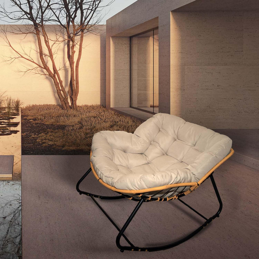 Rocking Papasan Chair Outdoor/Indoor, Oversized Wicker Recliner with Cushion and Frame, Comfy Round Royal Patio Rocking Chairs for Bedroom, Living Room, Balcony, Porch, Garden Xmas Gift (Beige+Black)