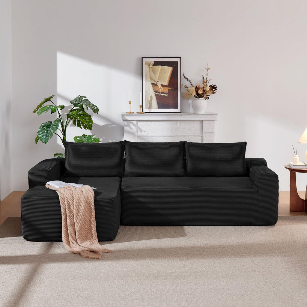 96 Inch Cloud Sectional Couch,Modern Modular Sectional Sofa with Deep Seat,Corduroy Boneless Couches with L-Shape Chaise for Living Room Bedroom,No Assembly Required (Black, Left Facing Chaise)