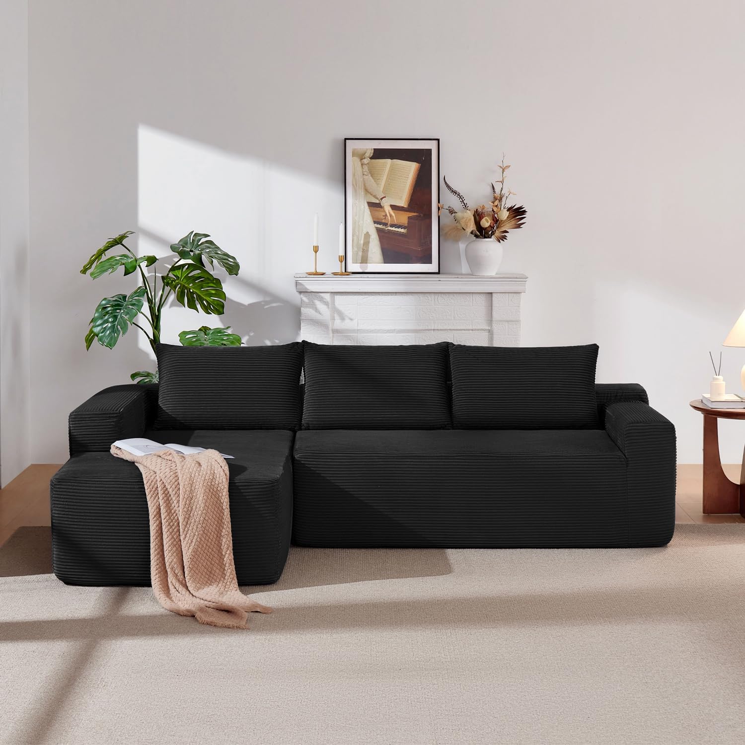 96 Inch Cloud Sectional Couch,Modern Modular Sectional Sofa with Deep Seat,Corduroy Boneless Couches with L-Shape Chaise for Living Room Bedroom,No Assembly Required (Black, Left Facing Chaise)