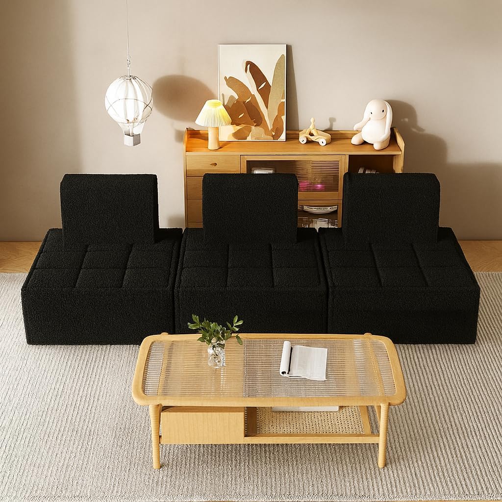 PurrJoys Modular Sectional 3-Seater Sofa 3-Piece Deep Seat Corduroy Lounge Sofa Small 3-Seater Couch for Living Room, Bedroom, Apartment, Black