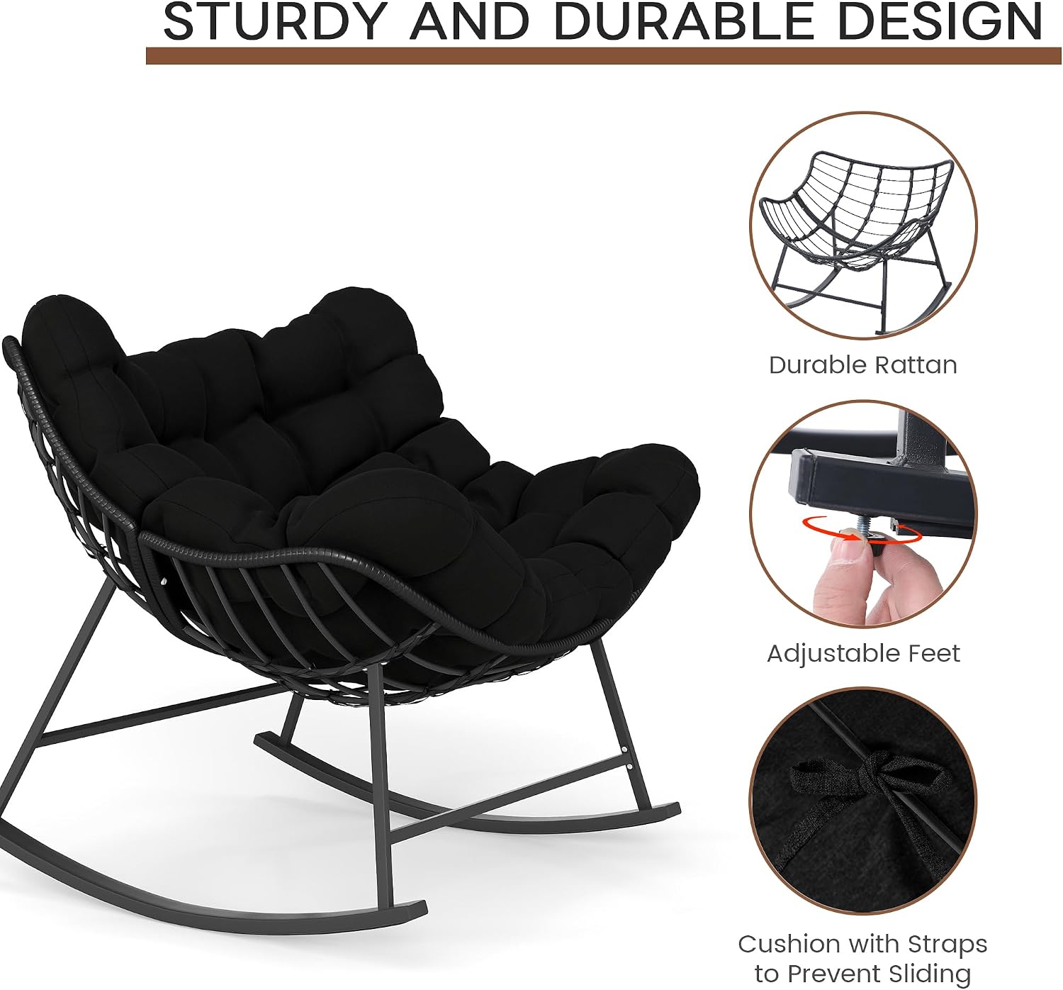 Oversized Wicker Papasan Rocking Chair, Indoor Outdoor Egg Chair Rocker, Comfy Patio Recliner with Modern Egg Style, Black