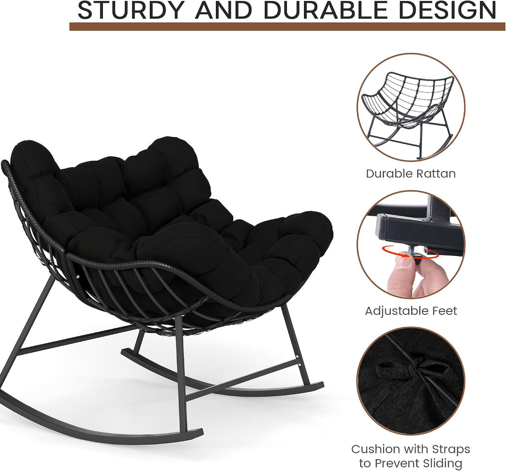 Oversized Wicker Papasan Rocking Chair Set of 2, Indoor Outdoor Egg Chair Rocker, Comfy Patio Recliner with Modern Egg Style, Black