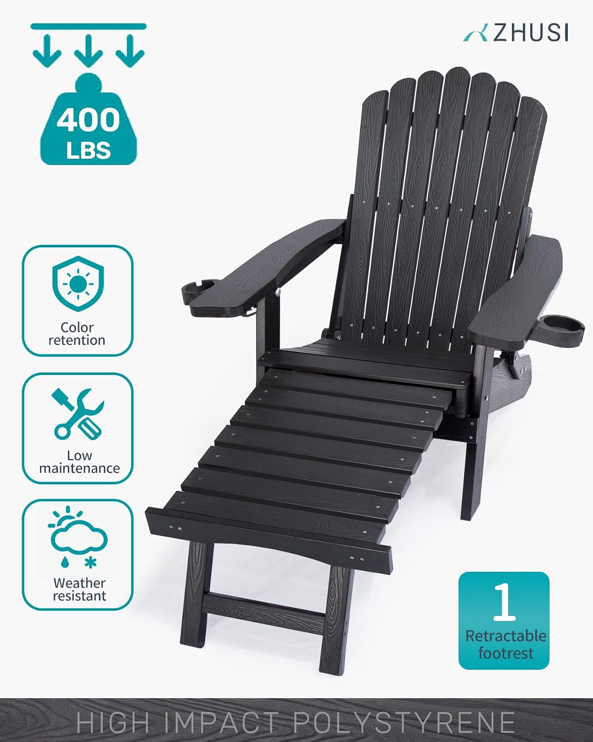 ZHUSI Folding Adjustable Adirondack Chair with Retractable Ottoman, Adirondack Chair with 2 Cup Holders, Outdoor Chairs for Porch Patio Lawn Balcony Weather Resistant (Black, 1 pcs)