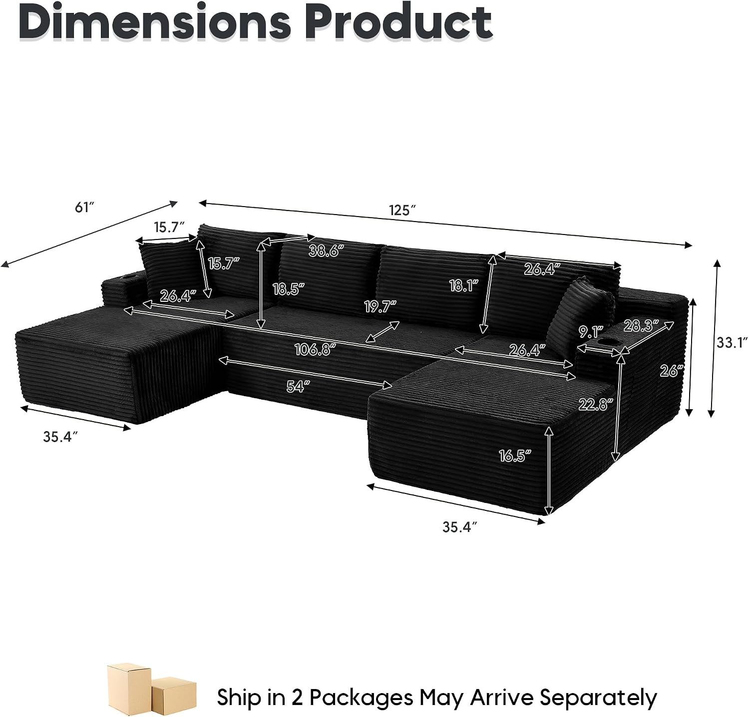 125 Inch Modular Sectional Sofa, Cloud Couch Oversized U Shaped Corduroy Sofa with Storage & Cupholders, Modern Deep Seat Boneless Couches for Living Room, No Assembly Required, Black