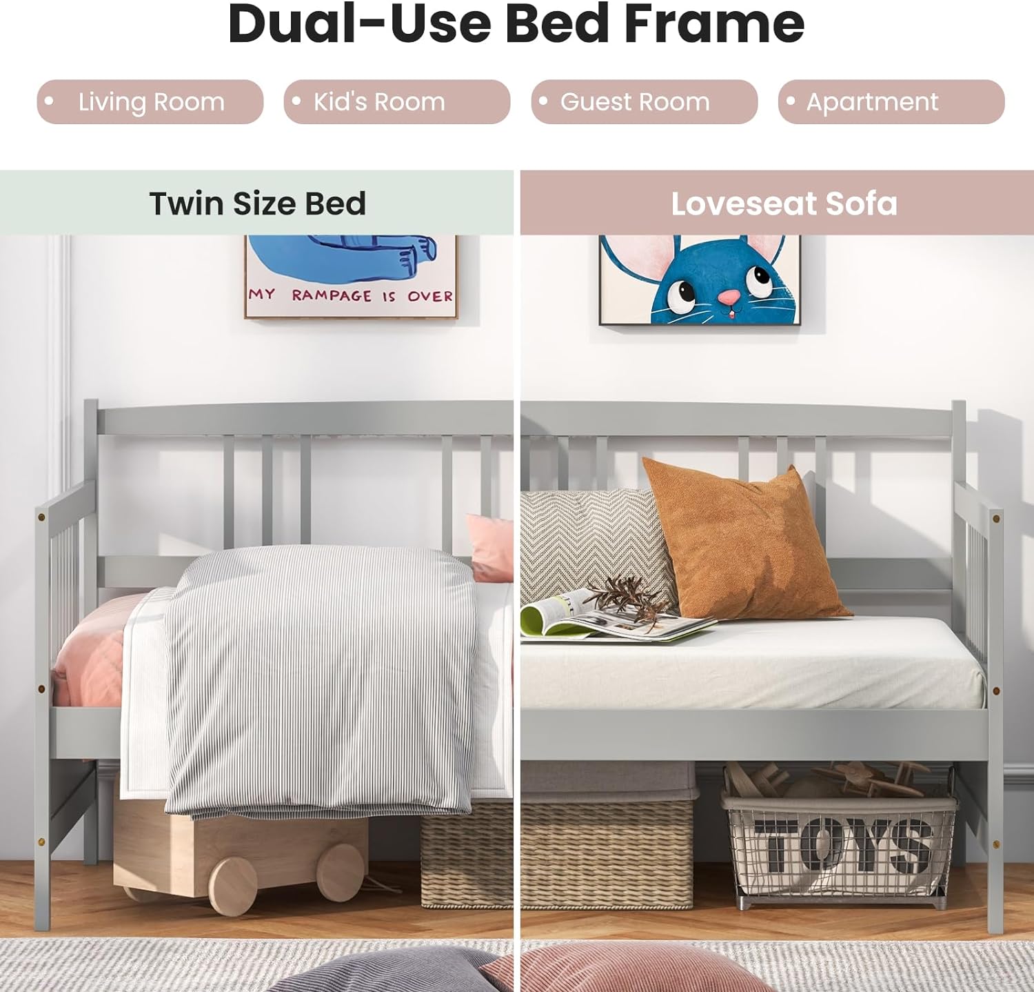 Giantex Twin Daybed Frame, Wooden Sofa Bed Guest Bed with Rails & Wood Slat Support, Dual-use Twin Size Platform Bed Frame for Living Room Bedroom, No Box Spring Needed, Grey