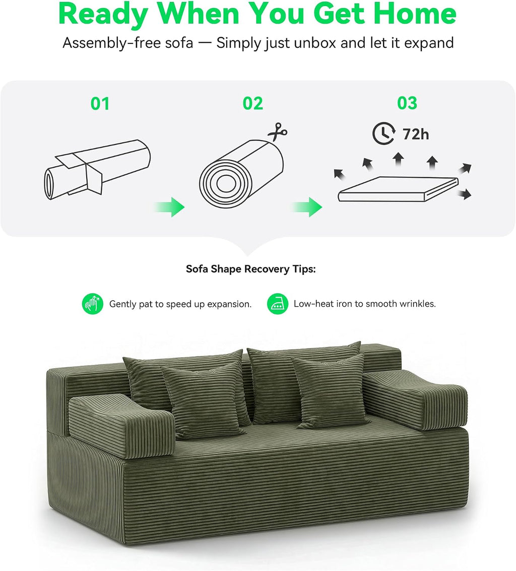 MONVANE 70' Loveseat Sofa with Removable Armrests, Comfy Corduroy Cloud Couch with 4 Pillows, Modern Deep Seat Boneless Couch, 2 Seater Sofa for Living Room, No Assembly Required, Green