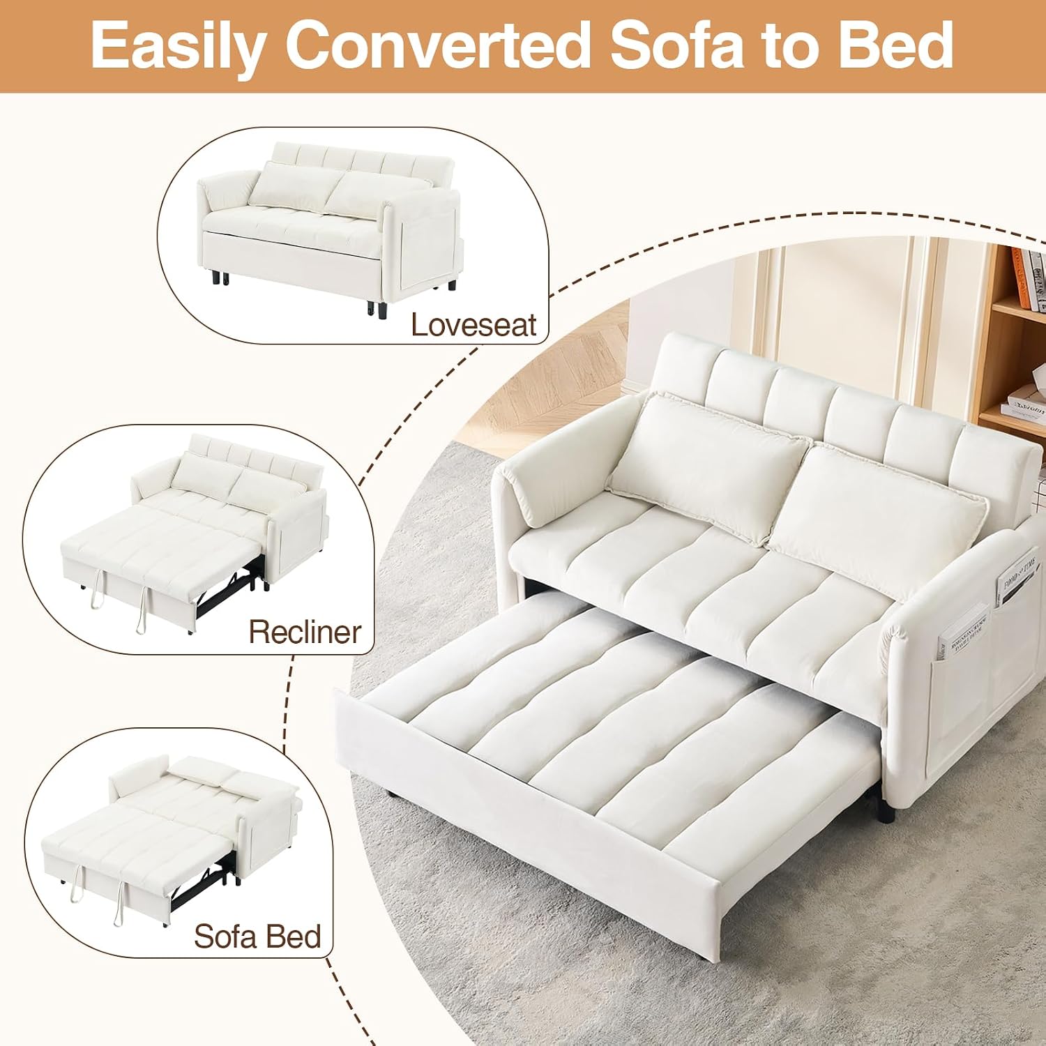CAPCAEK 3 in 1 Convertible Sleeper Sofa Bed, Modern Velvet Loveseat Pull-Out Couch w/Pullout Bed, Small Love Seat Lounge Sofa w/Reclining Backrest,Toss Pillows, Pockets, for Living Room