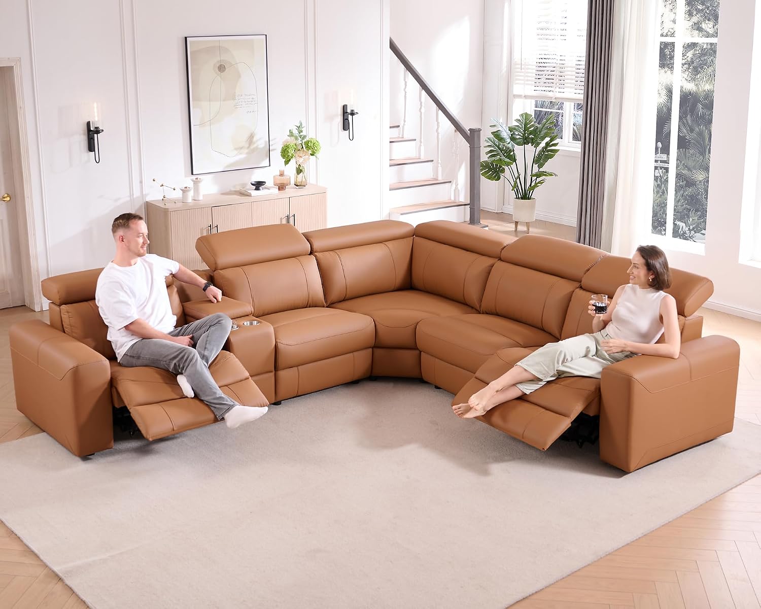 AMERLIFE Power Recliner Sectional Sofa with Storage/USB Port, Leather Recliner Sofa with Adjustable Headrest, Reclining Sectional Couches with Console and Cup Holder for Living Room (Brown, 5-Seater)