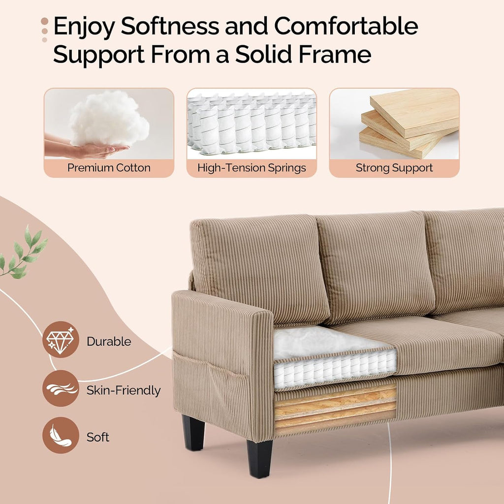 VINGLI 68.5' L Shaped Couch with Movable Storage Ottoman, Convertible Sectional Sofa in Soft Corduroy Fabric, Modern Reversible Chaise Couch for Small Spaces, Apartment, Living Room，Khaki