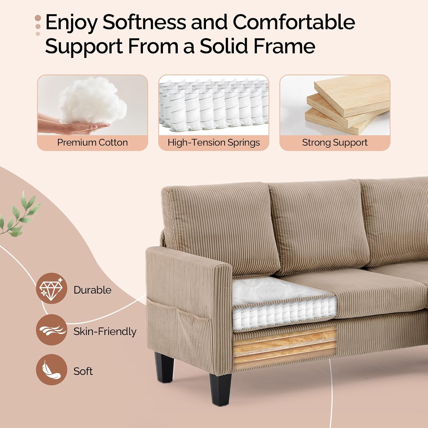 VINGLI 68.5' L Shaped Couch with Movable Storage Ottoman, Convertible Sectional Sofa in Soft Corduroy Fabric, Modern Reversible Chaise Couch for Small Spaces, Apartment, Living Room，Khaki