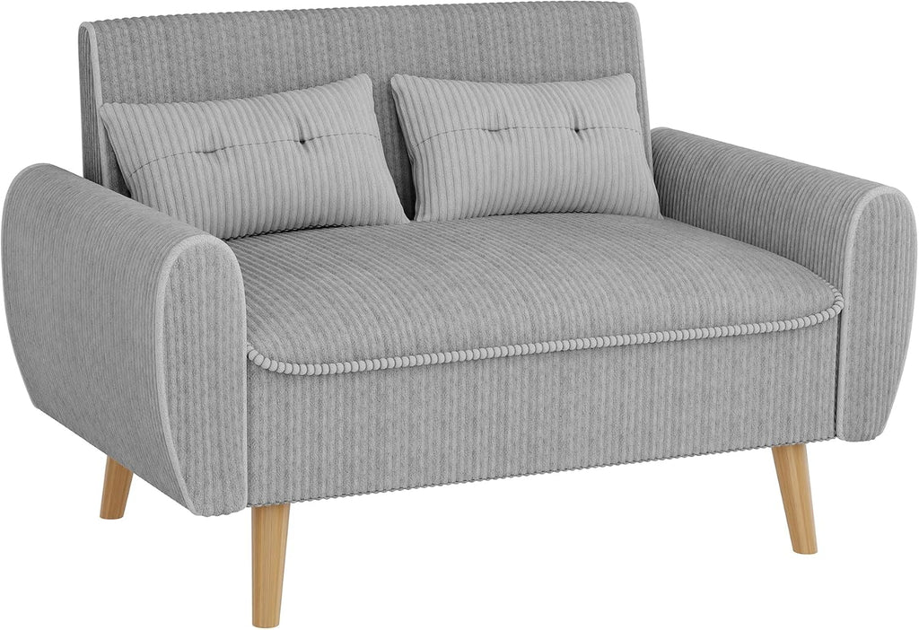 Shintenchi 48'' Loveseat Sofa, Mid-Century Modern Upholstered Couch Deep Seat with 2 Pillows, 10' Thick Cushion with Spring, Solid Wood Frame Small Couch for Living Room, Dorms & Office, Light Grey