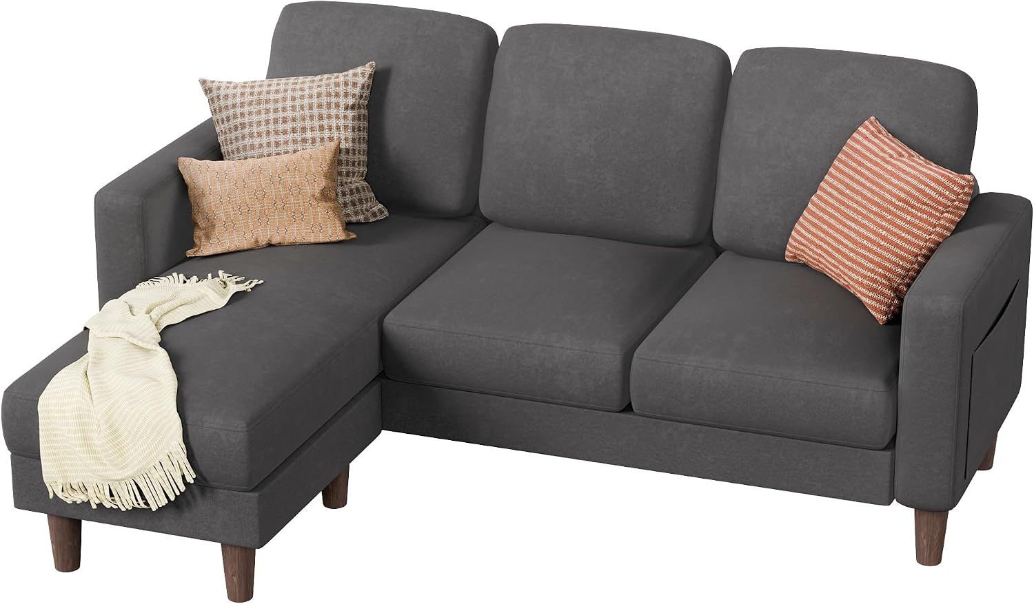 YESHOMY Couch for Living Room, Small L-Shaped Couch with Convertible Chaise, Comfy Sectional Sofa with Ottoman and Side Pockets for Small Space,Dark Grey