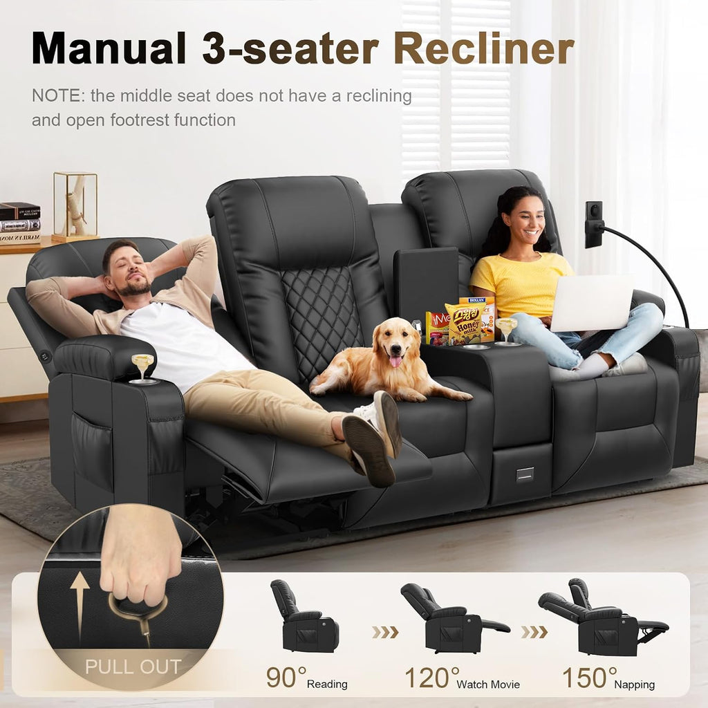 YONISEE 3 Seat Recliner Sofa, Large Reclining Sofa with Storage Console, Manual Reclining Chair with USB Ports, 2 Cell Phone Holder, 3 Seater Loveseat Recliner Couch for Living Room