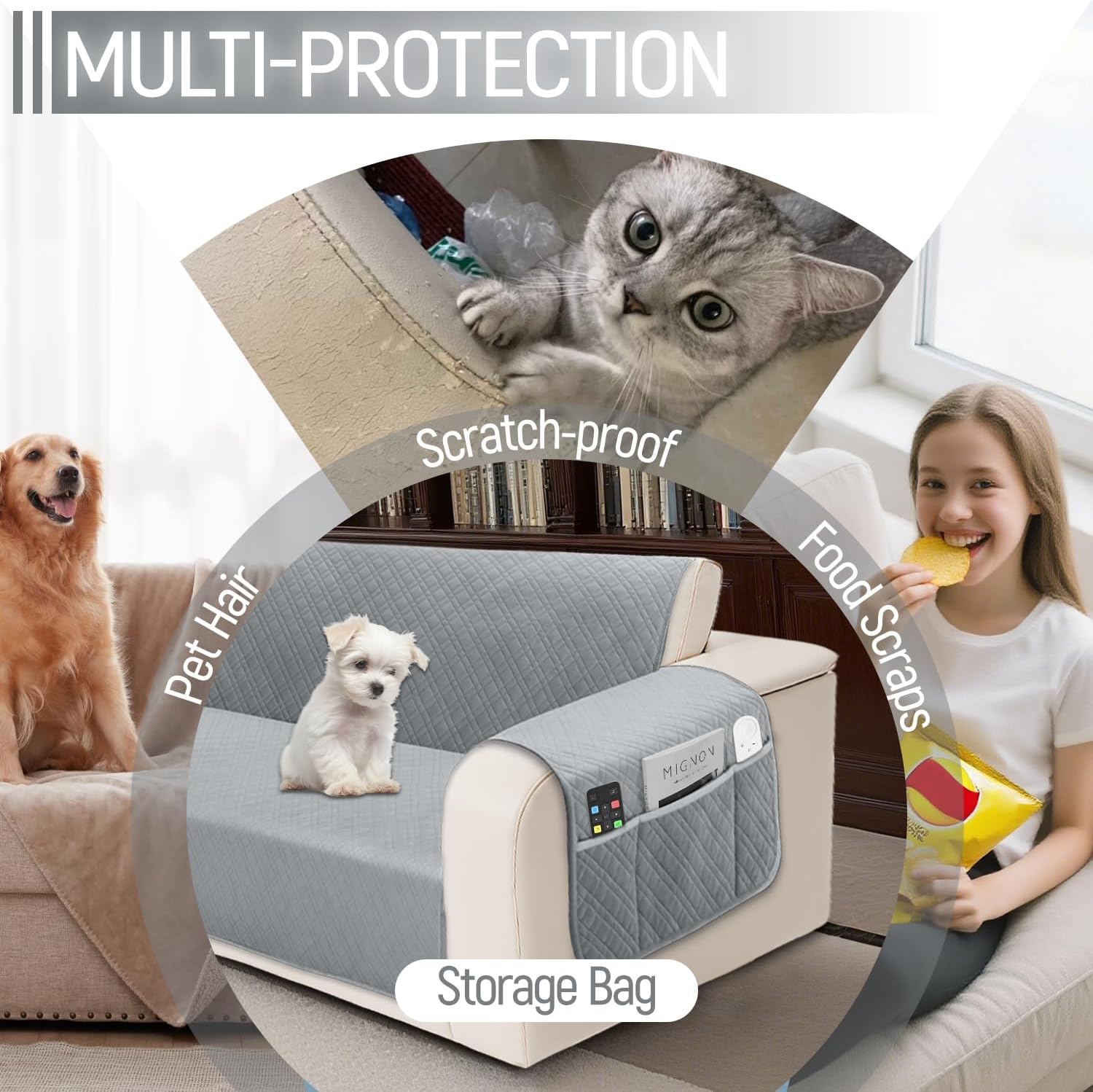 Waterproof L Shaped Couch Cover for Sectional Sofa Velvet Quilted Corner Sofa Cover L Shape Furniture Protector Slipcover Set with Non Slip Straps for Pets Dogs Kids (XX-Large, Silvery Grey)